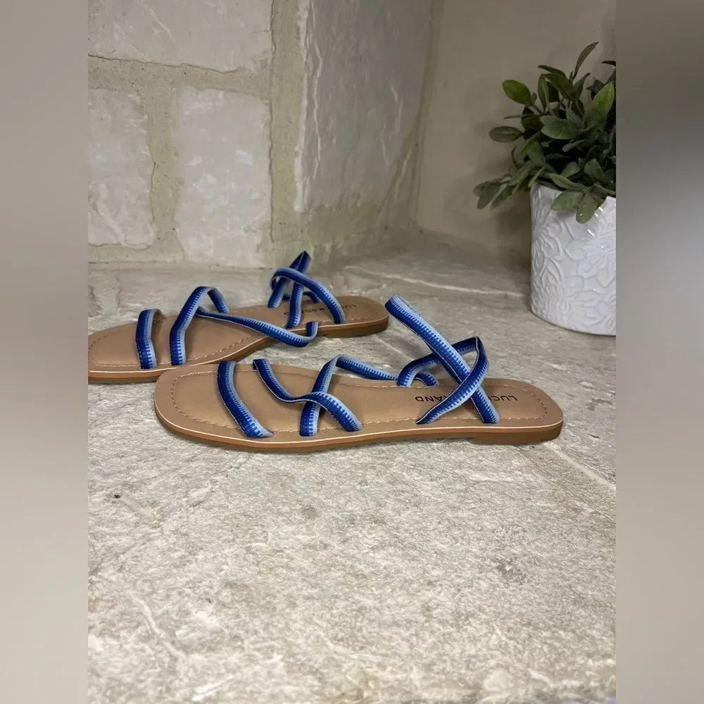 Lucky Brand Bizell Blue Strappy Stretch  Square Toe Slip On Sandals sz 6.5